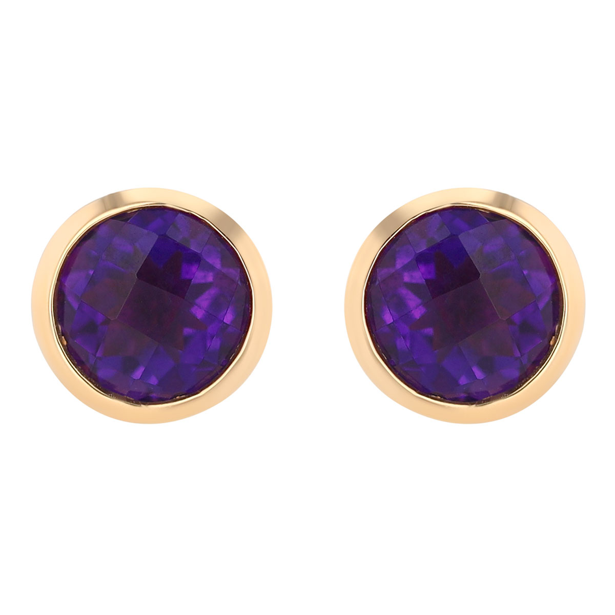 Bezel Set Round Amethyst Stud Earrings in Yellow Gold