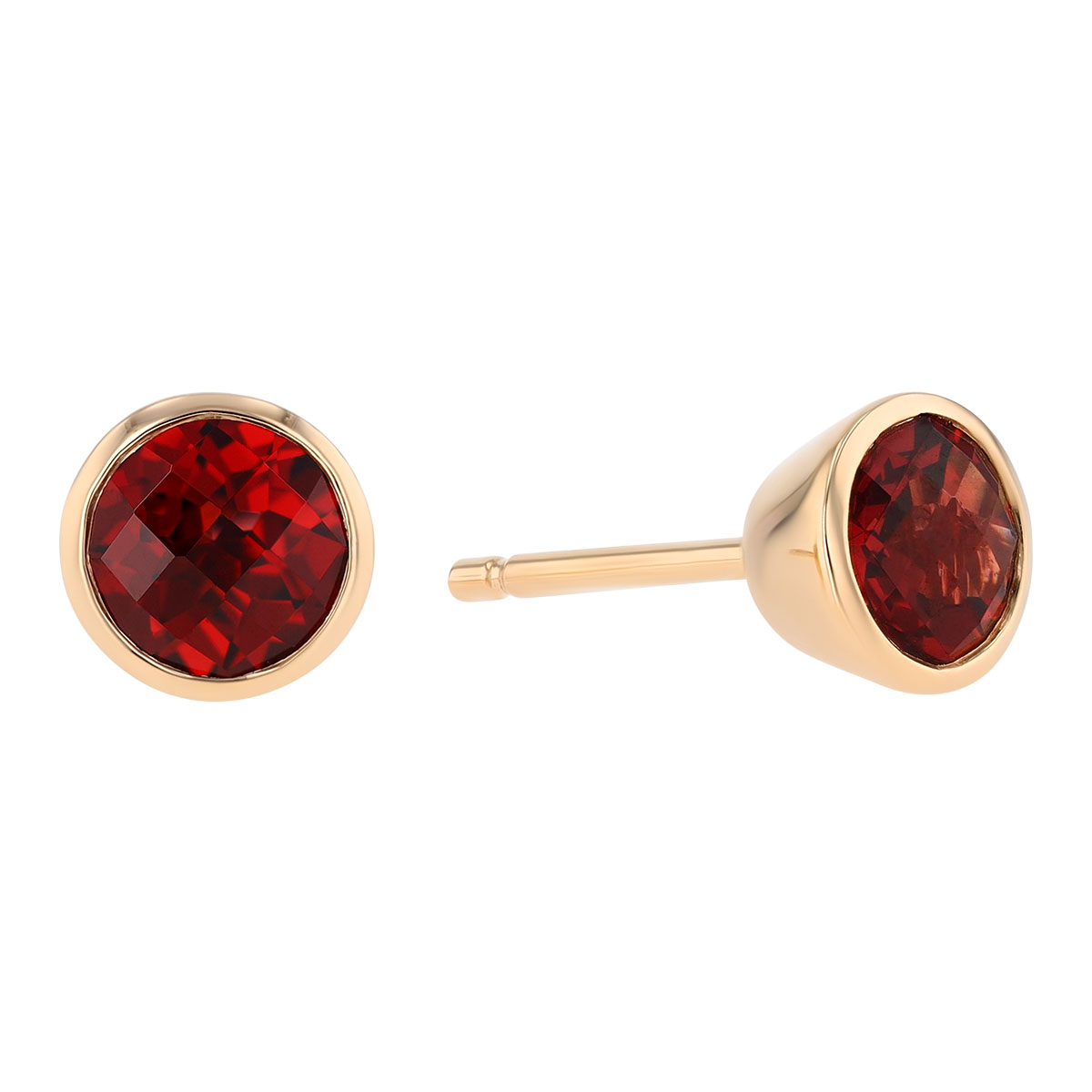Bezel Set Round Checkerboard Garnet Stud Earrings in Yellow Gold