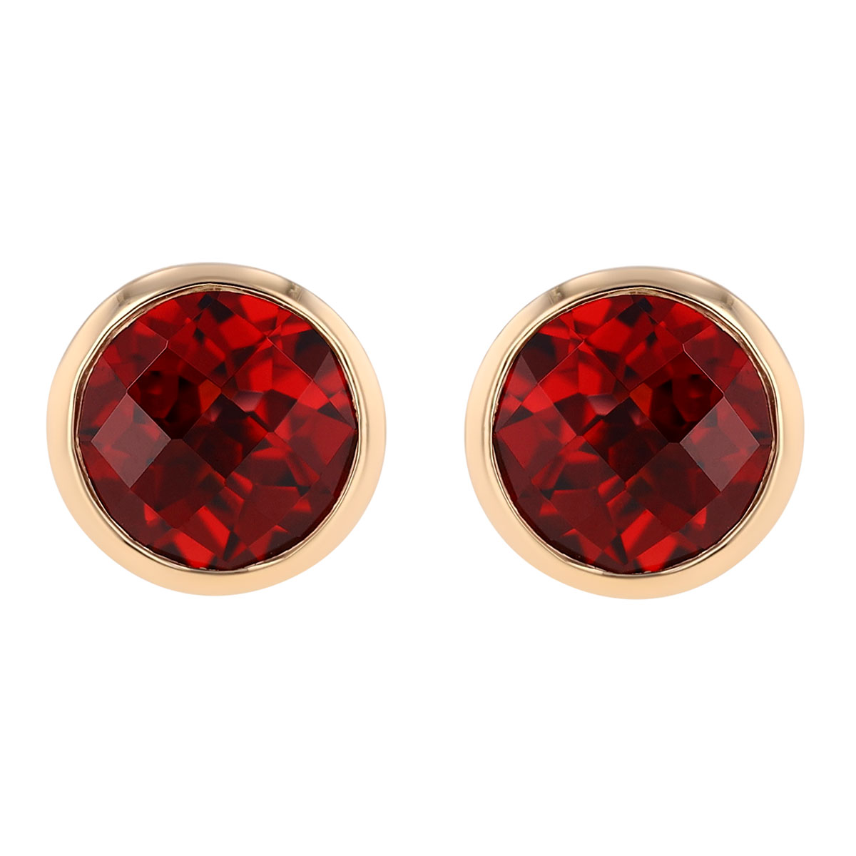 Bezel Set Round Checkerboard Garnet Stud Earrings in Yellow Gold
