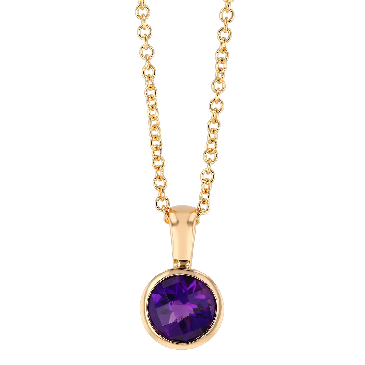 Bezel Set Round Amethyst Solitaire Pendant in Yellow Gold, 18