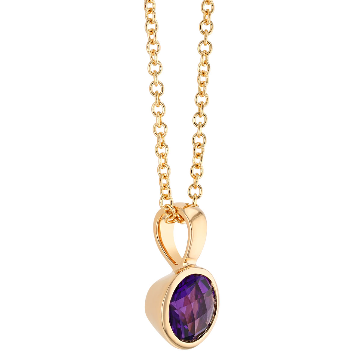 Bezel Set Round Amethyst Solitaire Pendant in Yellow Gold, 18