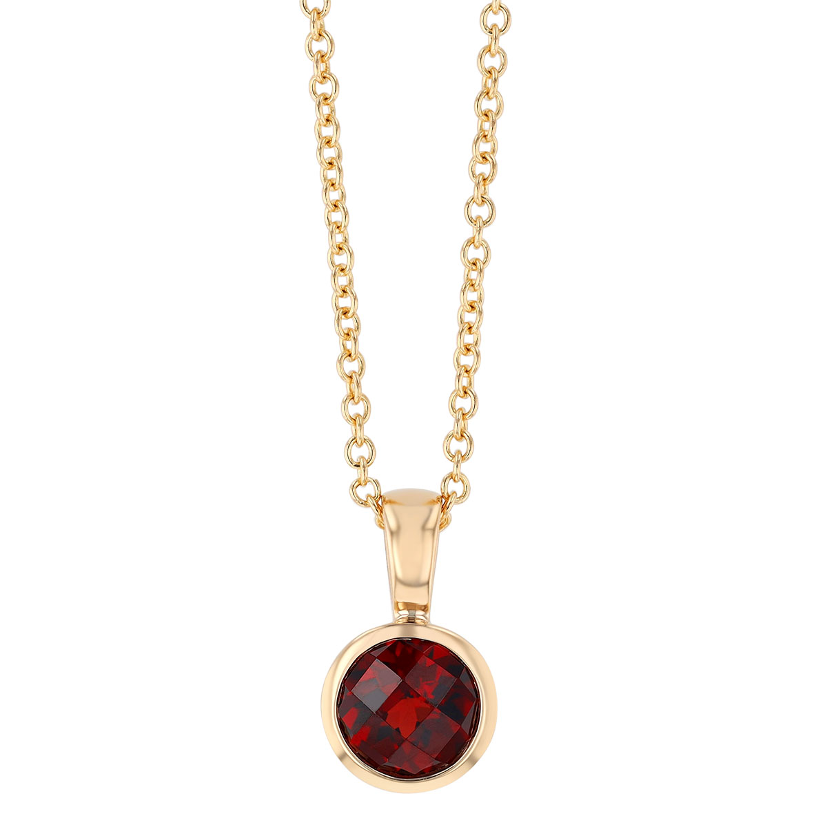 Bezel Set Round Garnet Solitaire Pendant in Yellow Gold, 18