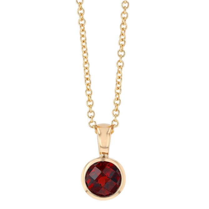 Bezel Set Round Garnet Solitaire Pendant in Yellow Gold, 18"