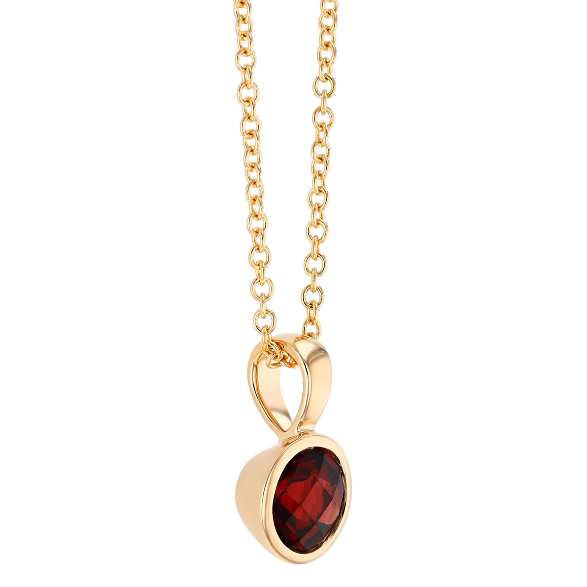 Bezel Set Round Garnet Solitaire Pendant in Yellow Gold, 18