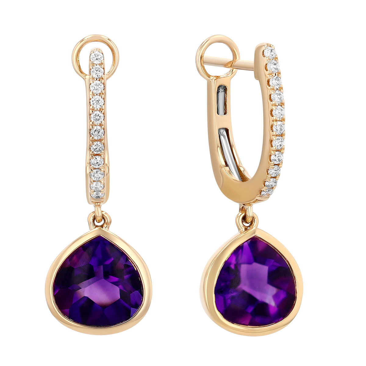 Bezel Set Pear Shape Amethyst & Diamond Dangle Hoop Earrings in Yellow Gold