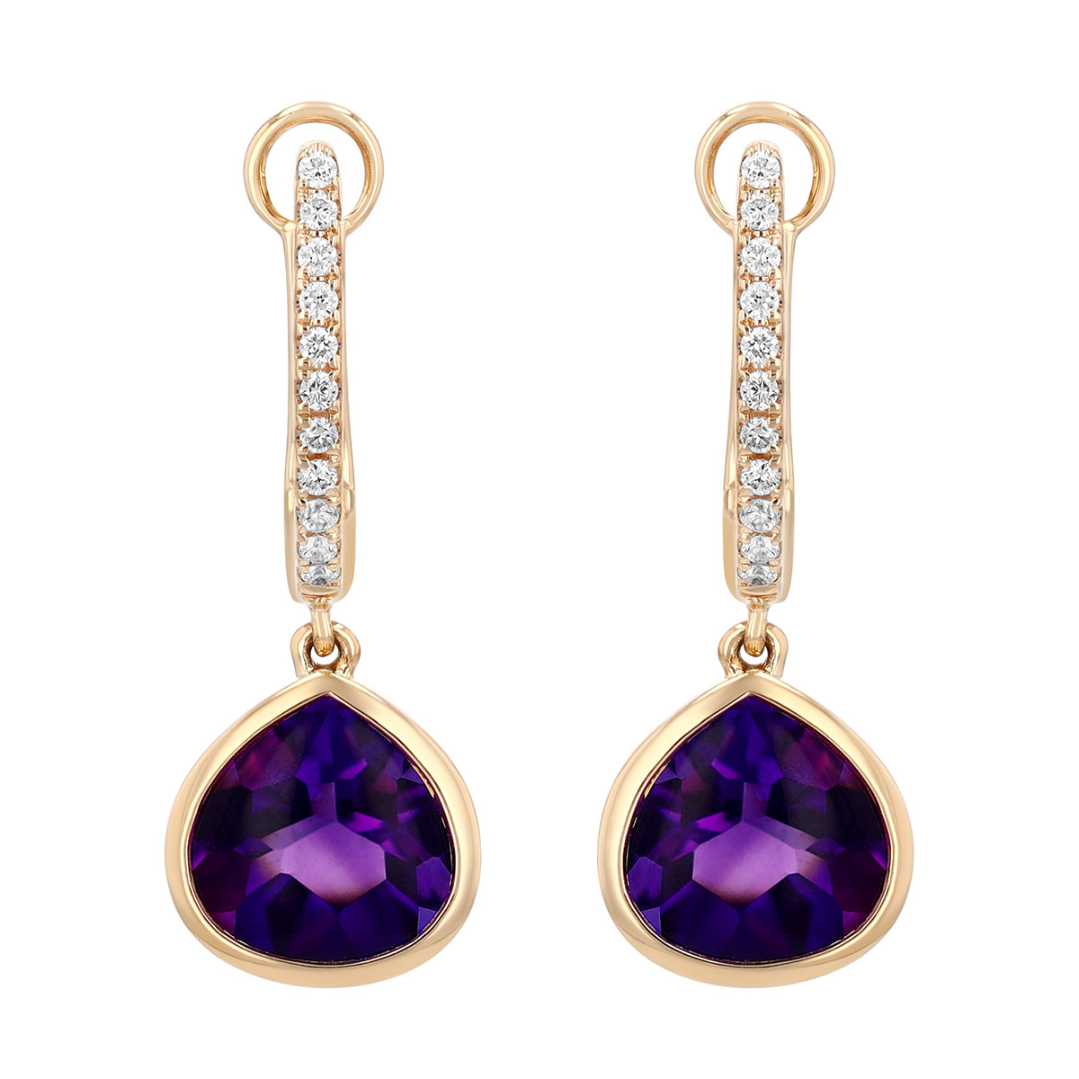 Bezel Set Pear Shape Amethyst & Diamond Dangle Hoop Earrings in Yellow Gold