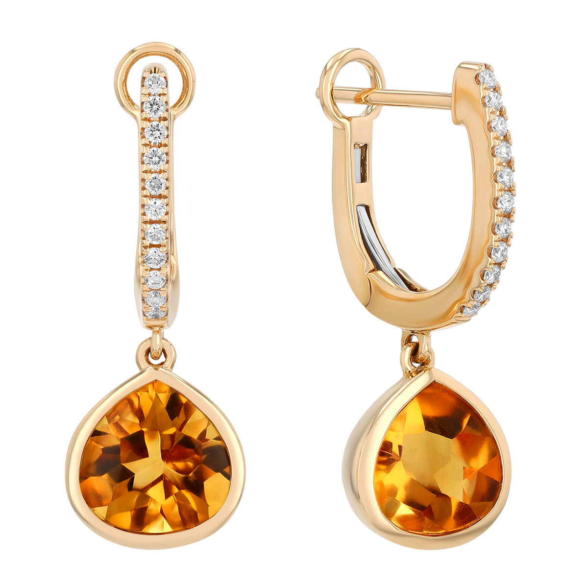 Bezel Set Pear Shape Citrine & Diamond Huggie Hoop Dangle Earrings in Yellow Gold