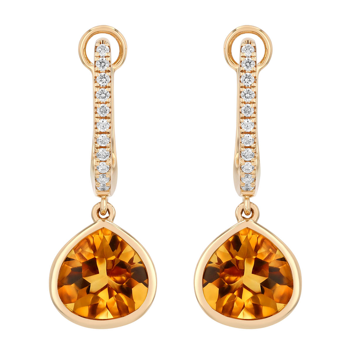 Bezel Set Pear Shape Citrine & Diamond Huggie Hoop Dangle Earrings in Yellow Gold
