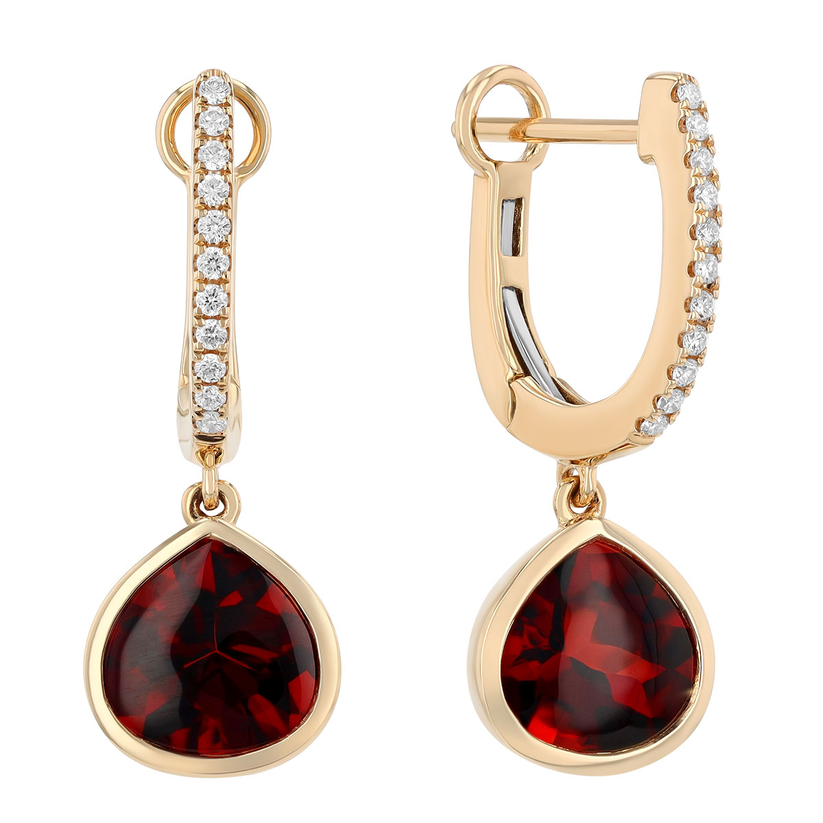 Bezel Set Pear Shape Garnet & Diamond Dangle Hoop Earrings in Yellow Gold