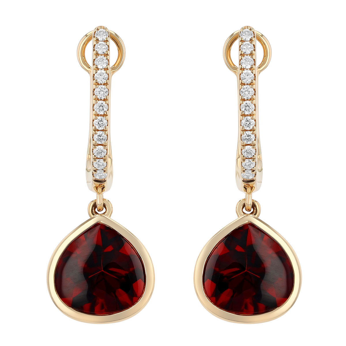 Bezel Set Pear Shape Garnet & Diamond Dangle Hoop Earrings in Yellow Gold