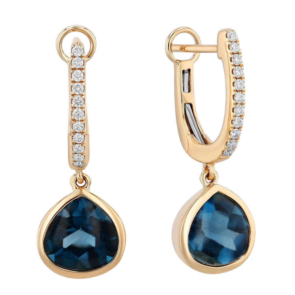 Bezel Set Pear Shape Topaz & Diamond Dangle Hoop Earrings in Yellow Gold