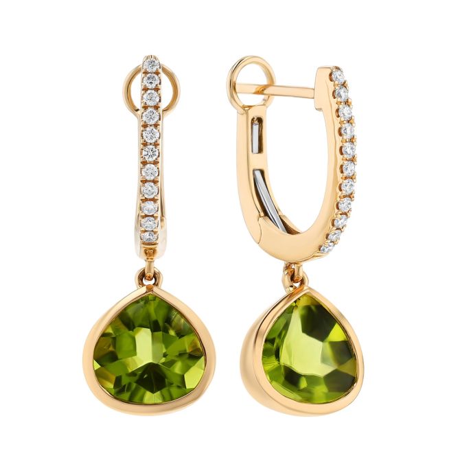 Bezel Set Pear Shape Peridot & Diamond Dangle Hoop Earrings in Yellow Gold