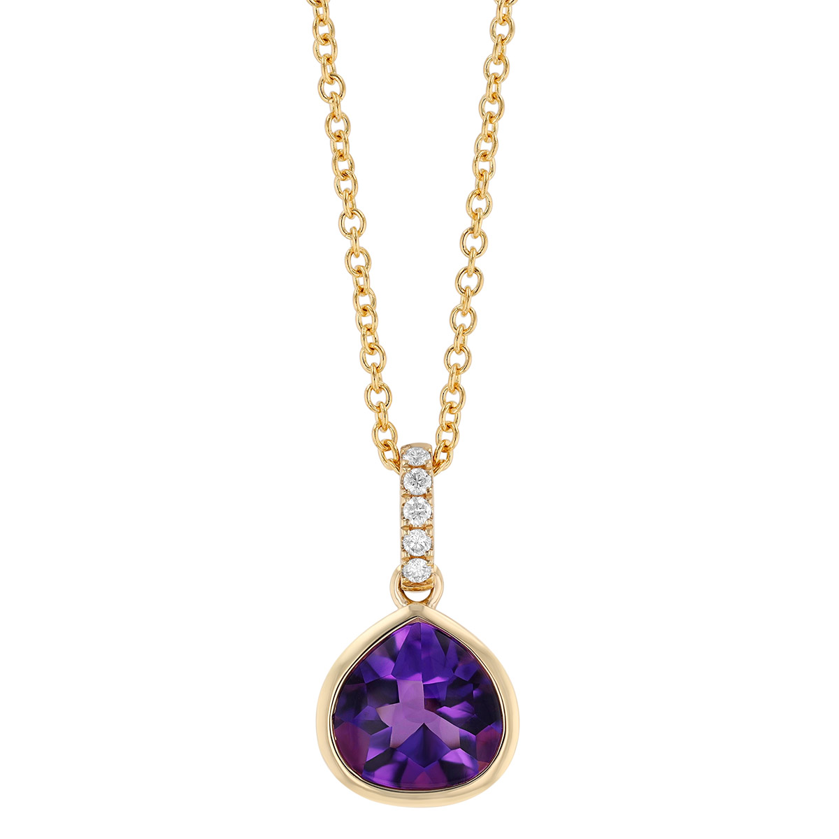 Bezel Set Pear Shape Amethyst & Diamond Pendant in Yellow Gold, 18