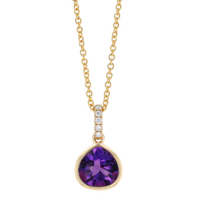 Bezel Set Pear Shape Amethyst & Diamond Pendant in Yellow Gold, 18"