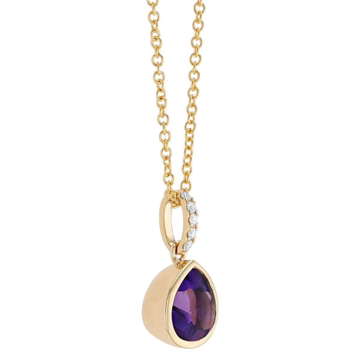 Bezel Set Pear Shape Amethyst & Diamond Pendant in Yellow Gold, 18