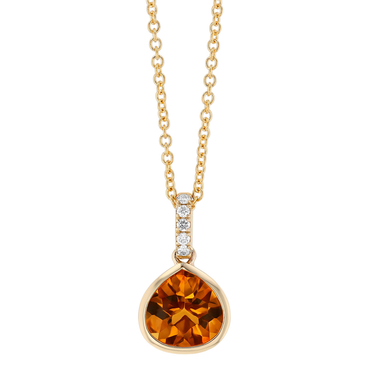 Bezel Set Pear Shape Citrine & Diamond Pendant in Yellow Gold, 18