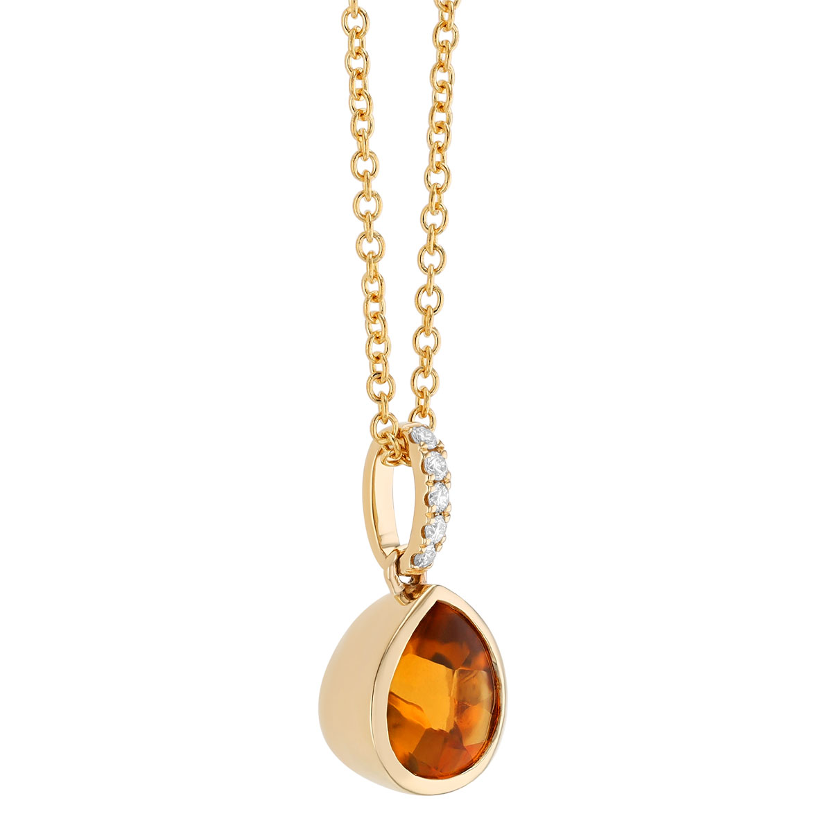 Bezel Set Pear Shape Citrine & Diamond Pendant in Yellow Gold, 18