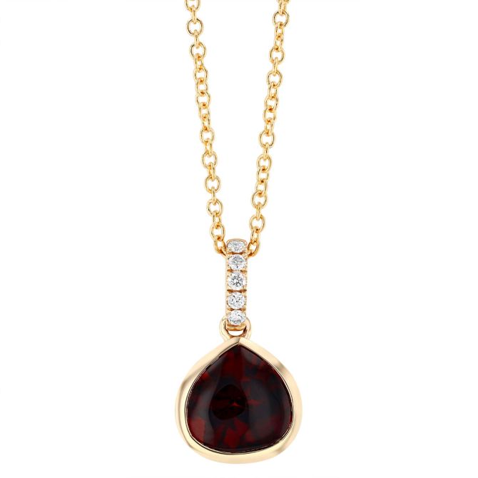 Bezel Set Pear Garnet & Diamond Pendant in Yellow Gold, 18"