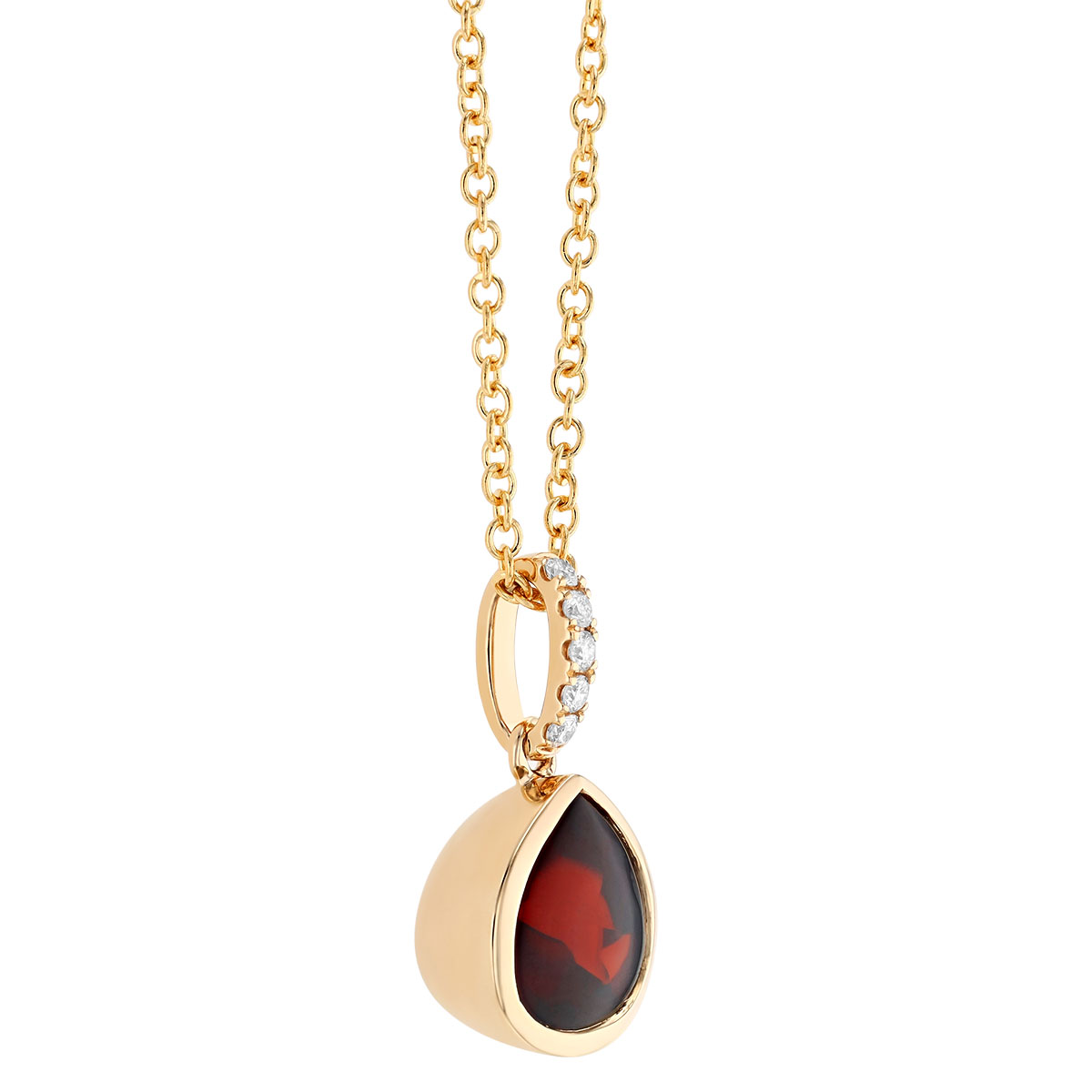 Bezel Set Pear Garnet & Diamond Pendant in Yellow Gold, 18