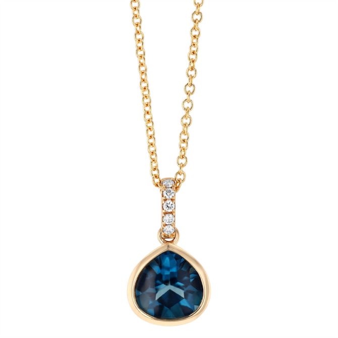 Bezel Set Pear Topaz & Diamond Pendant in Yellow Gold, 18"