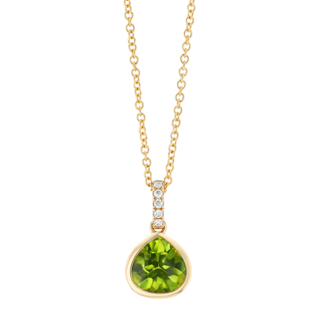 Bezel Set Pear Shape Peridot & Diamond Pendant in Yellow Gold, 18