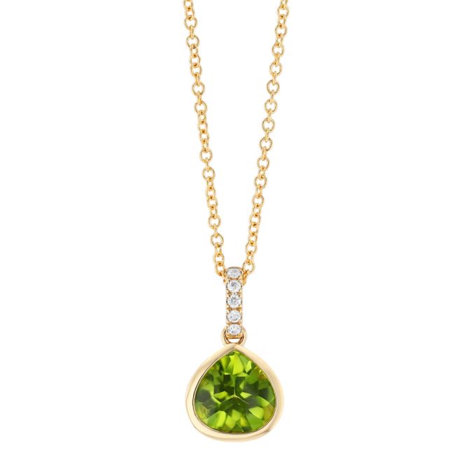 Bezel Set Pear Shape Peridot & Diamond Pendant in Yellow Gold, 18"
