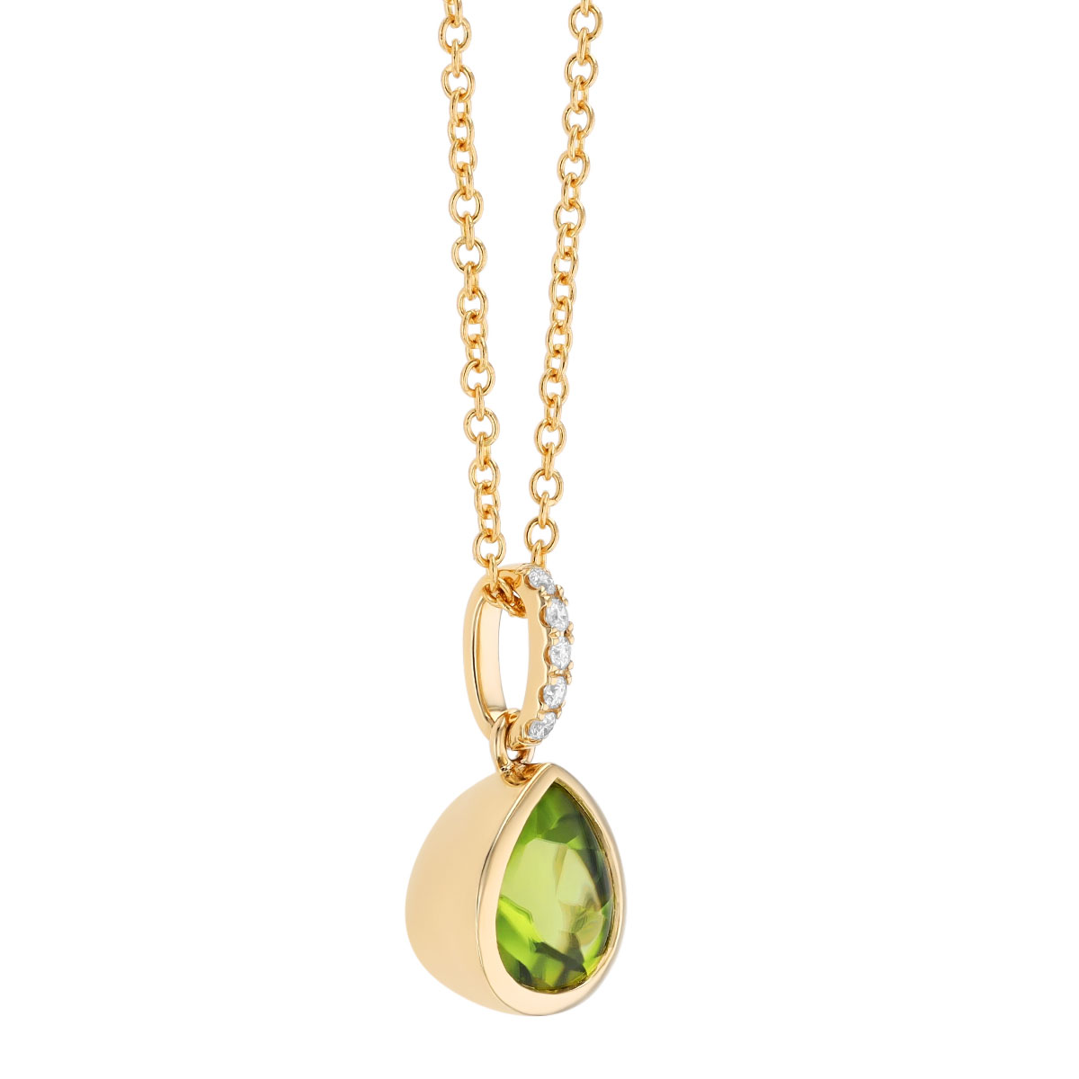 Bezel Set Pear Shape Peridot & Diamond Pendant in Yellow Gold, 18
