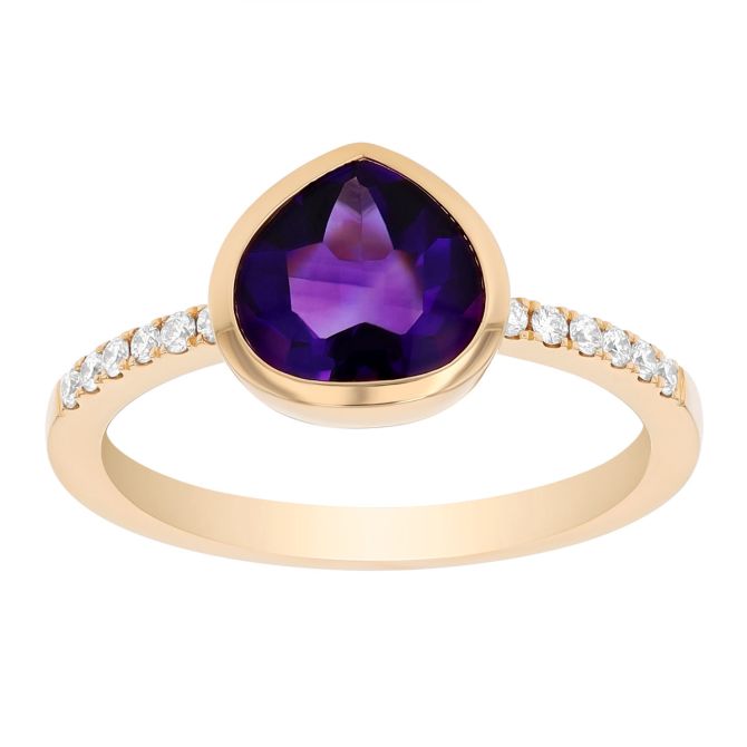 Bezel Set Pear Amethyst & Diamond Ring in Yellow Gold