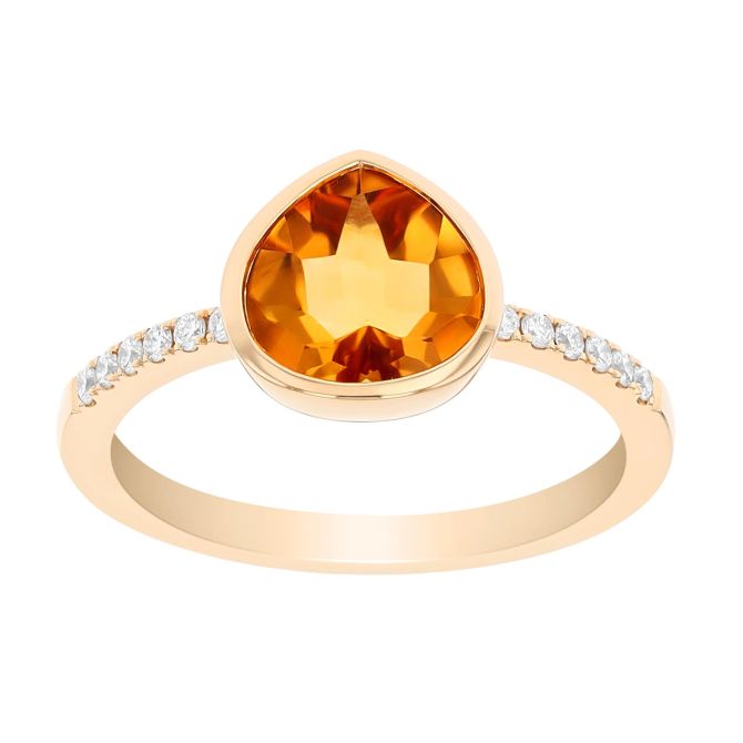 Bezel Set Pear Shape Citrine & Diamond Ring in Yellow Gold
