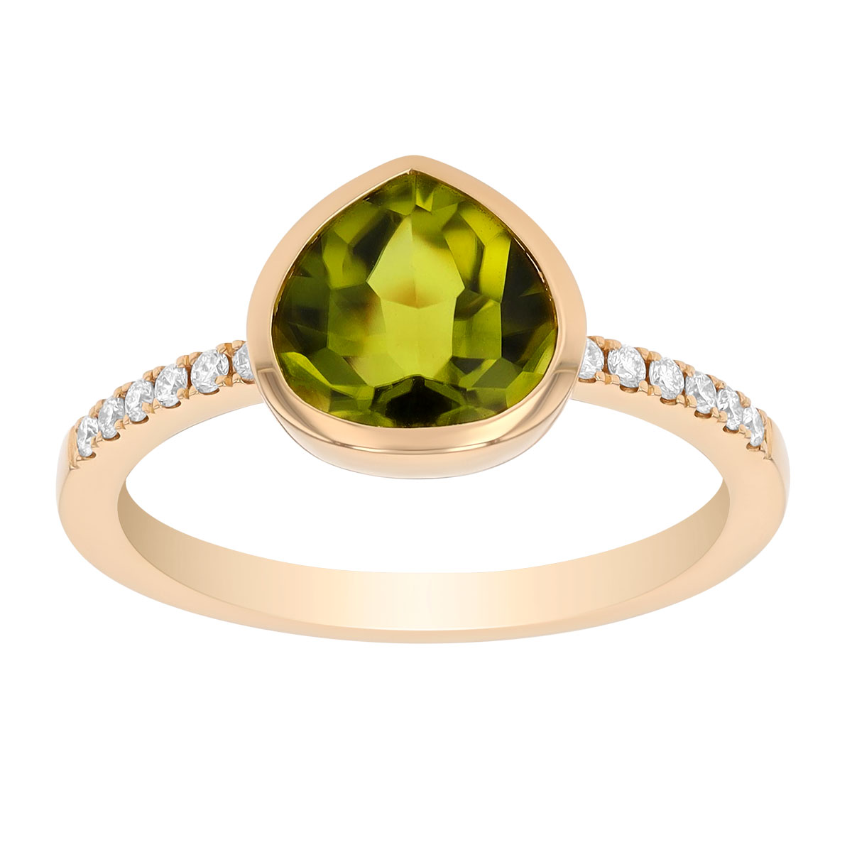 Bezel Set Pear Peridot & Diamond Ring in Yellow Gold