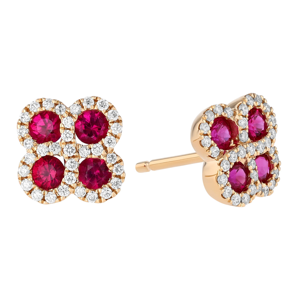 Round Ruby & Diamond Halo Quartet Stud Earrings in Yellow Gold