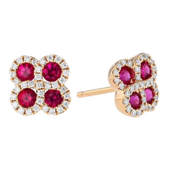 Round Ruby & Diamond Halo Quartet Stud Earrings in Yellow Gold