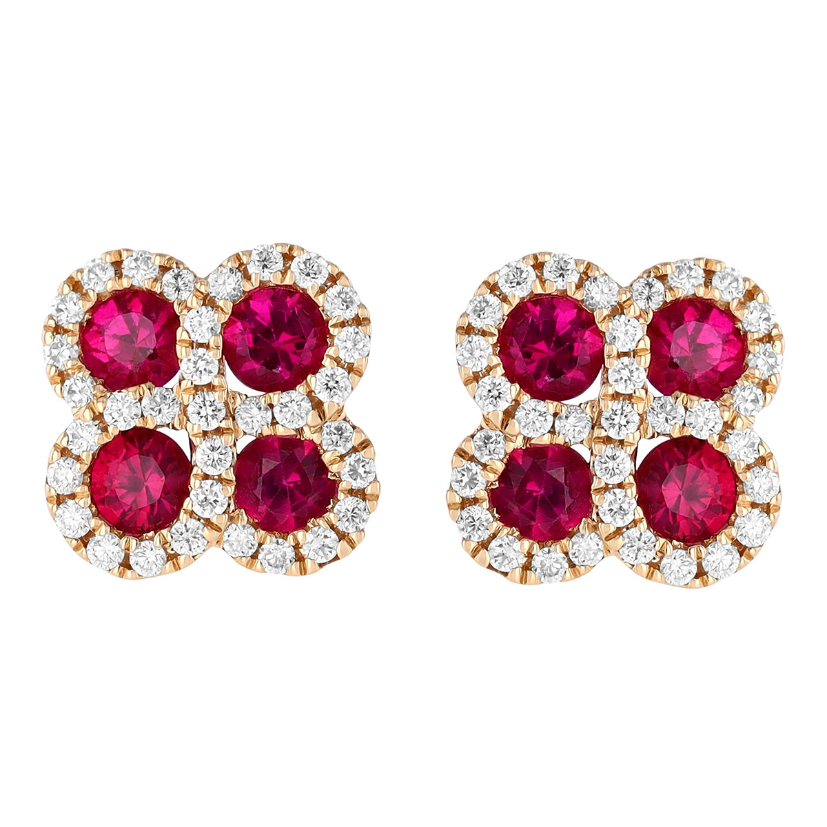 Round Ruby & Diamond Halo Quartet Stud Earrings in Yellow Gold