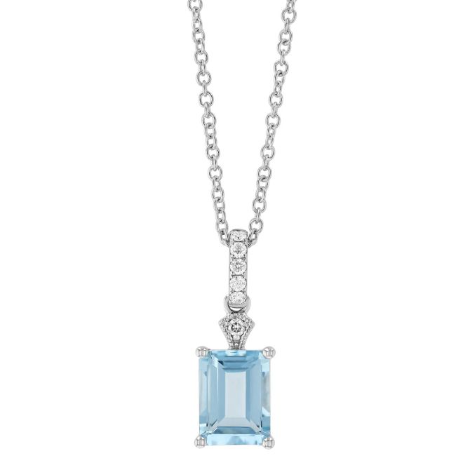Emerald Cut Aquamarine & Diamond Pendant in White Gold, 18"