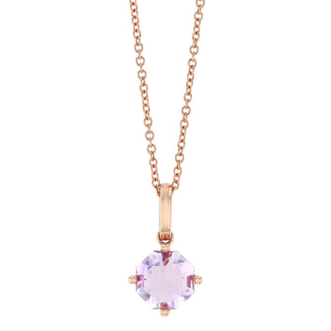 Round Checkerboard Amethyst Solitaire Pendant in Rose Gold, 18"