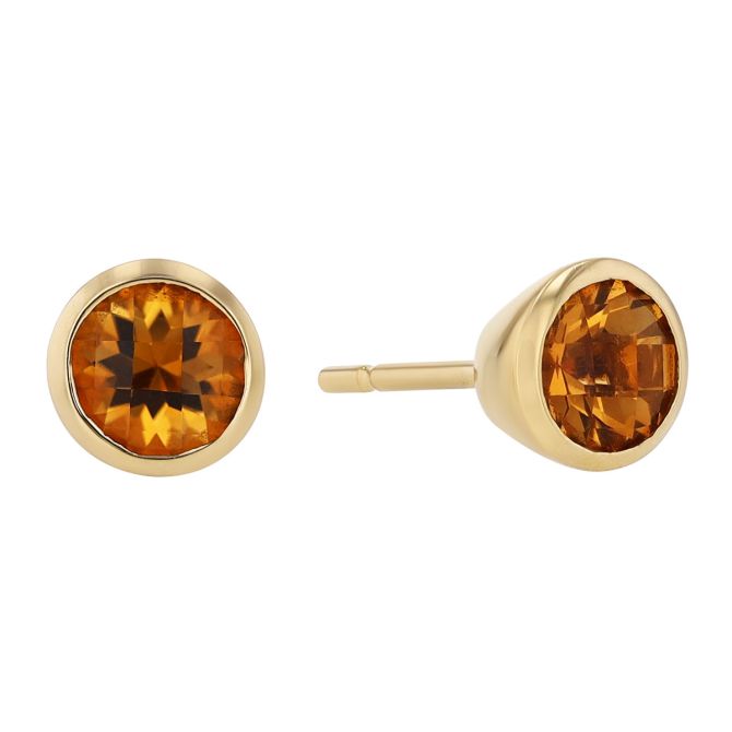Bezel Set Round Citrine Stud Earrings in Yellow Gold
