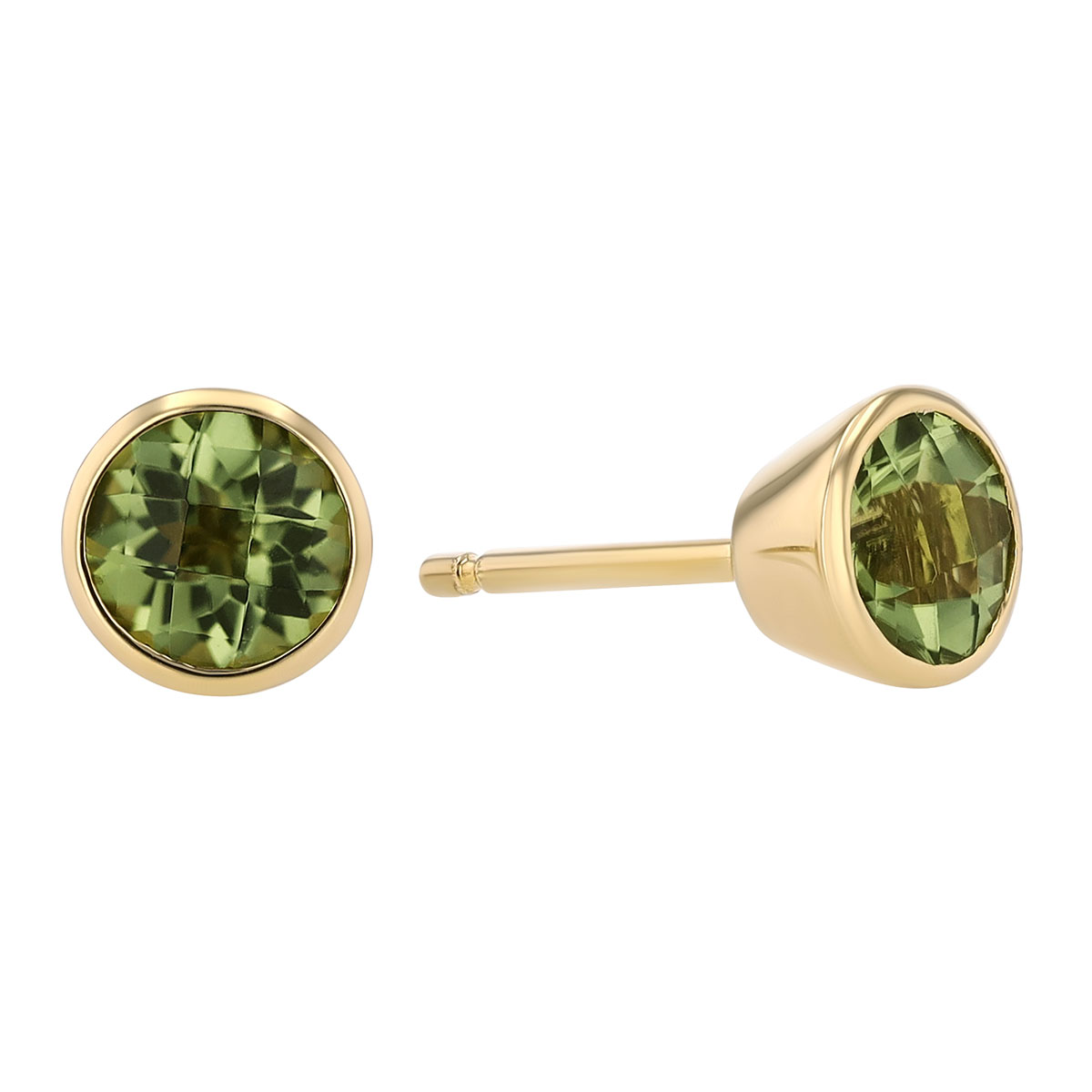 Bezel Set Round Peridot Stud Earrings in Yellow Gold