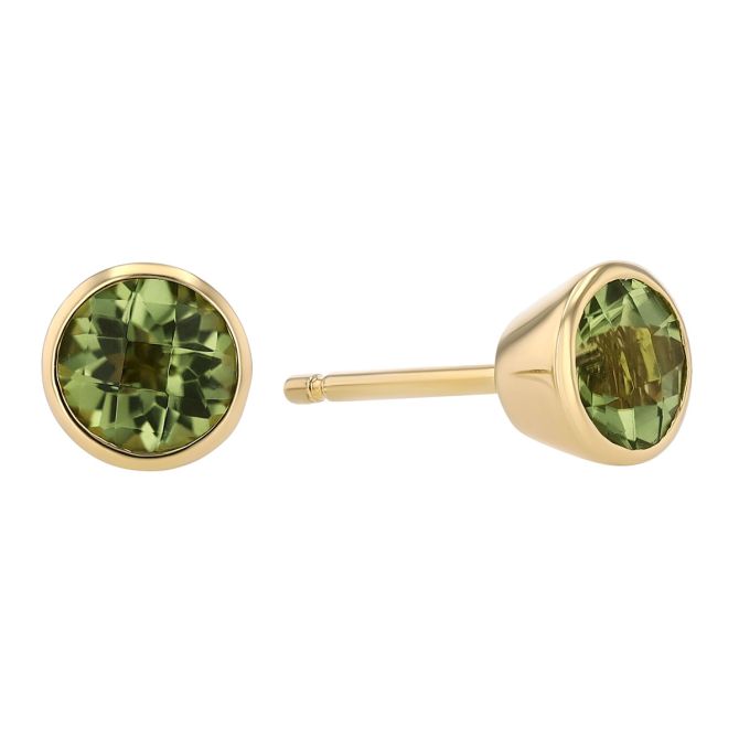 Bezel Set Round Peridot Stud Earrings in Yellow Gold