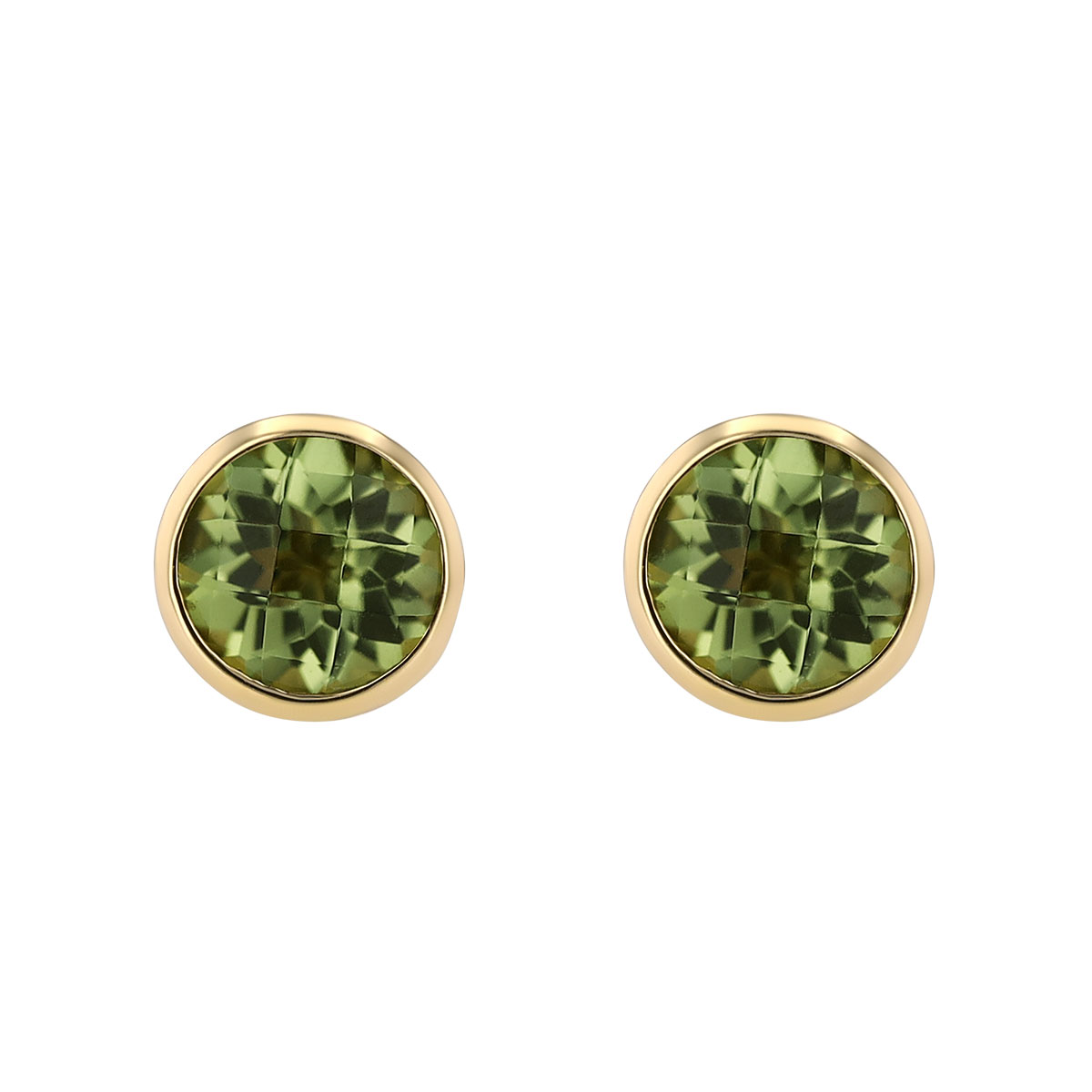 Bezel Set Round Peridot Stud Earrings in Yellow Gold