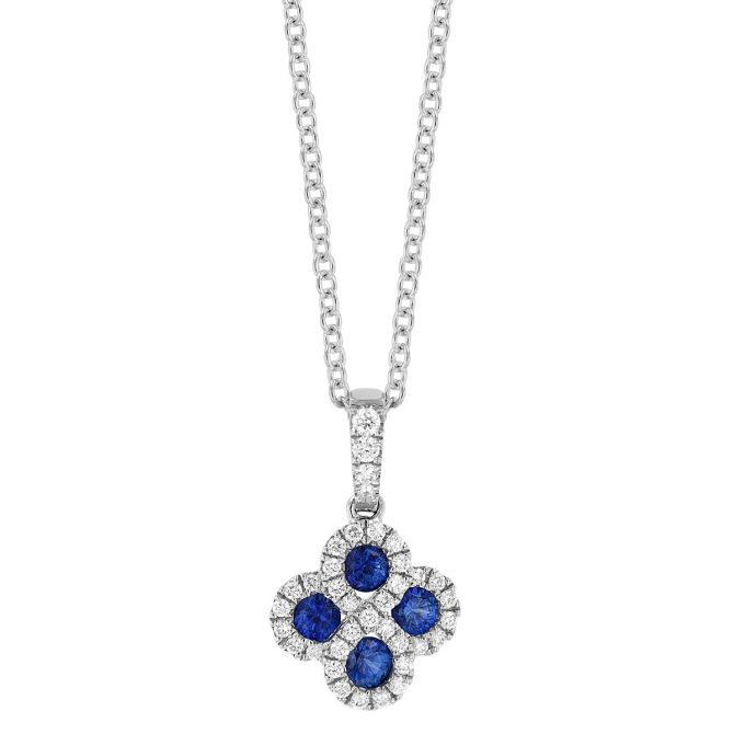 Sapphire & Diamond Quarterfoil Pendant in White Gold, 18"