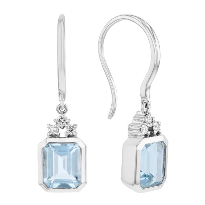 Bezel Set Emerald Cut Aquamarine & Diamond Cluster Dangle Earrings in White Gold