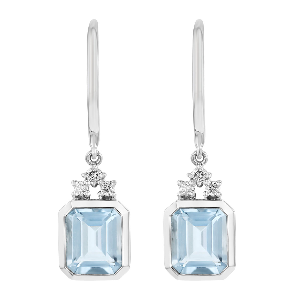 Bezel Set Emerald Cut Aquamarine & Diamond Cluster Dangle Earrings in White Gold