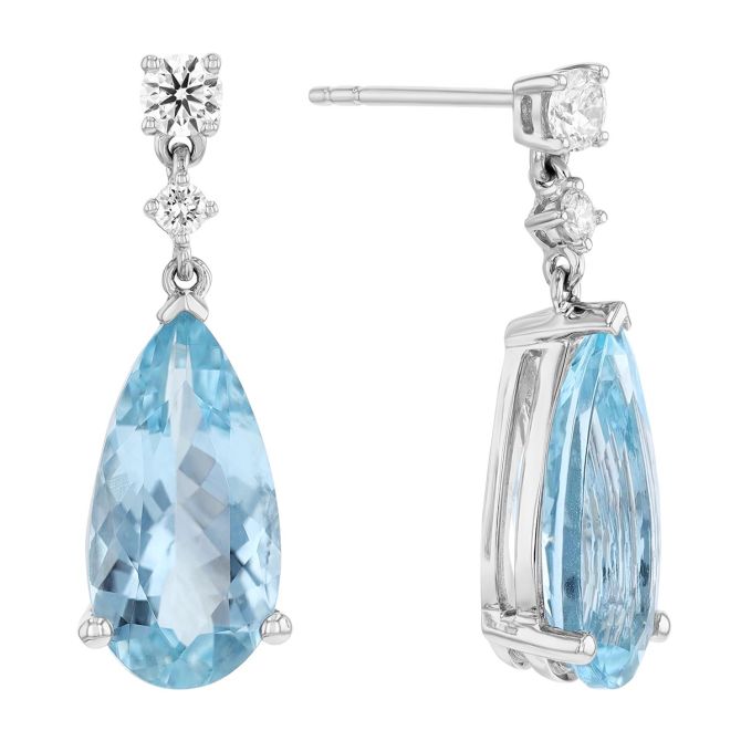 Pear Aquamarine & Diamond Dangle Earrings in White Gold