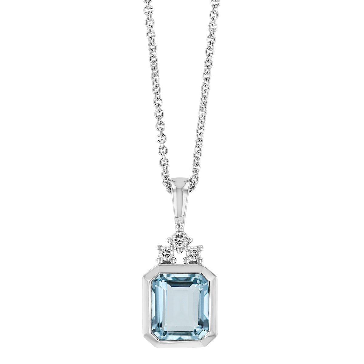 Bezel Set Emerald Cut Aquamarine & Damond Pendant in White Gold, 18