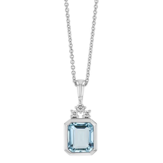 Bezel Set Emerald Cut Aquamarine & Damond Pendant in White Gold, 18"