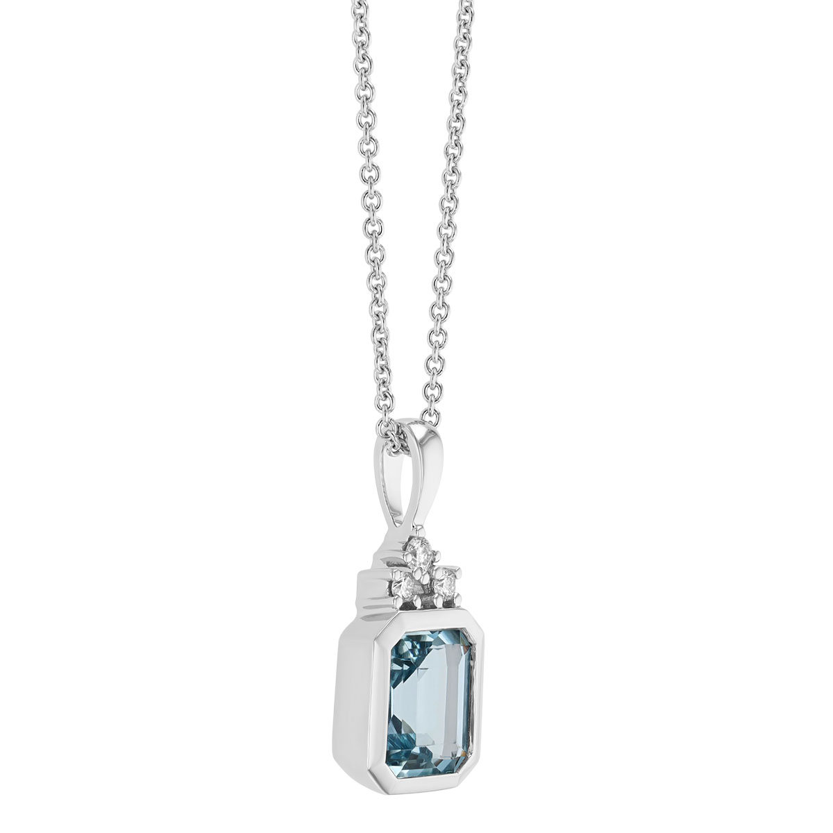 Bezel Set Emerald Cut Aquamarine & Damond Pendant in White Gold, 18