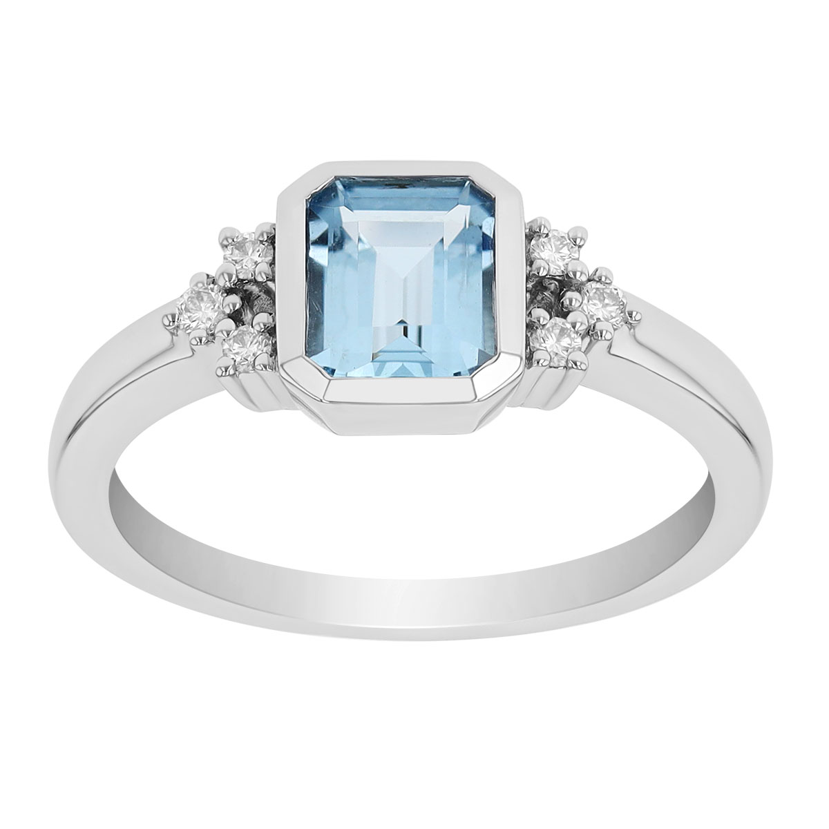 Bezel Set Emerald Cut Aquamarine & Diamond Cluster Ring in White Gold