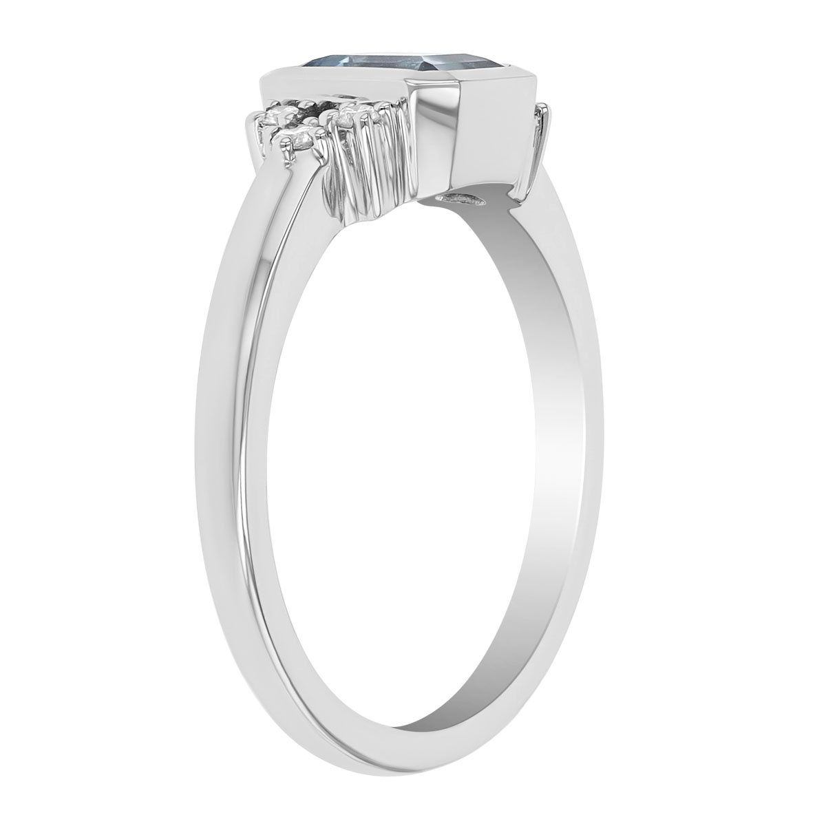 Bezel Set Emerald Cut Aquamarine & Diamond Cluster Ring in White Gold