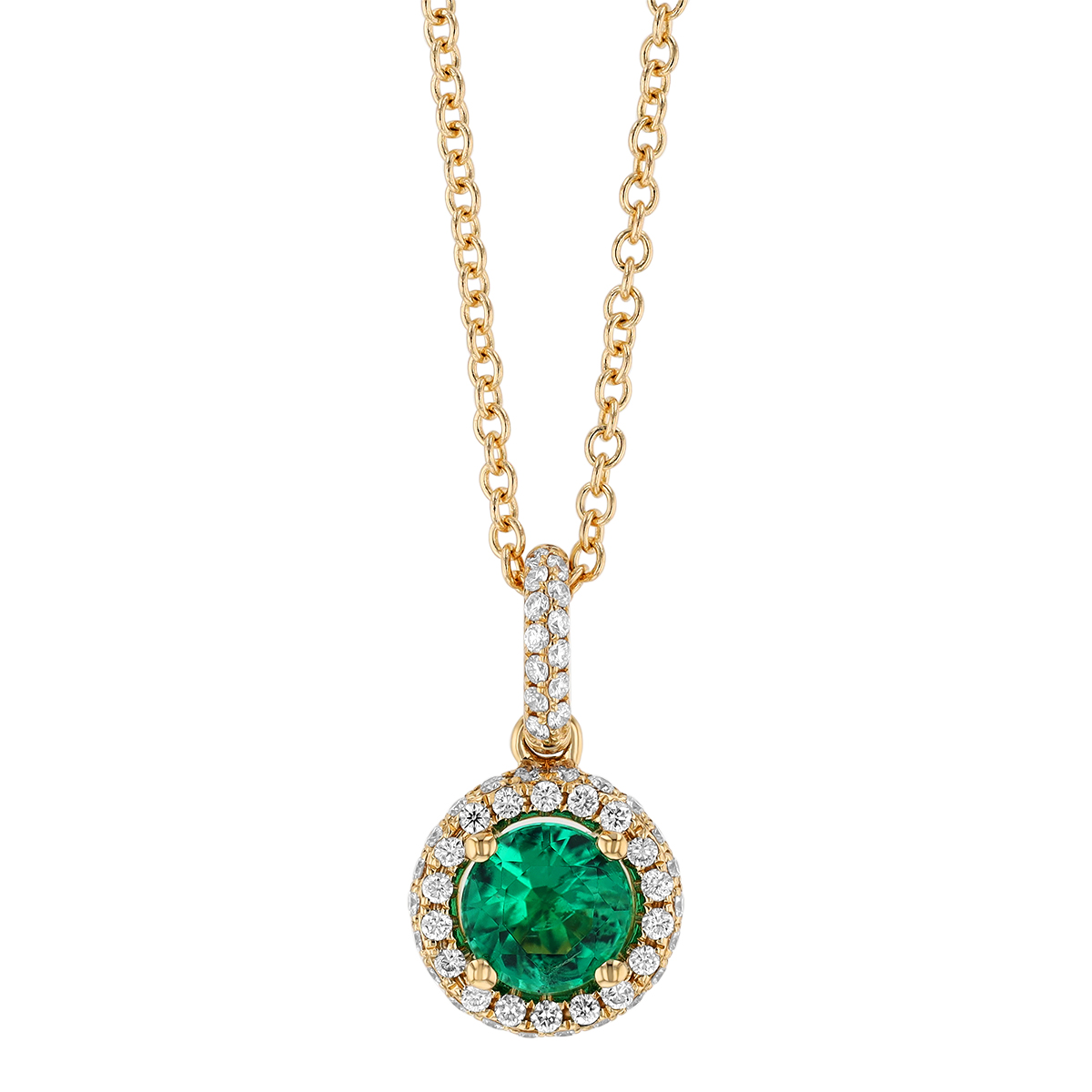 Round Emerald & Diamond Halo Pendant in Yellow Gold, 18