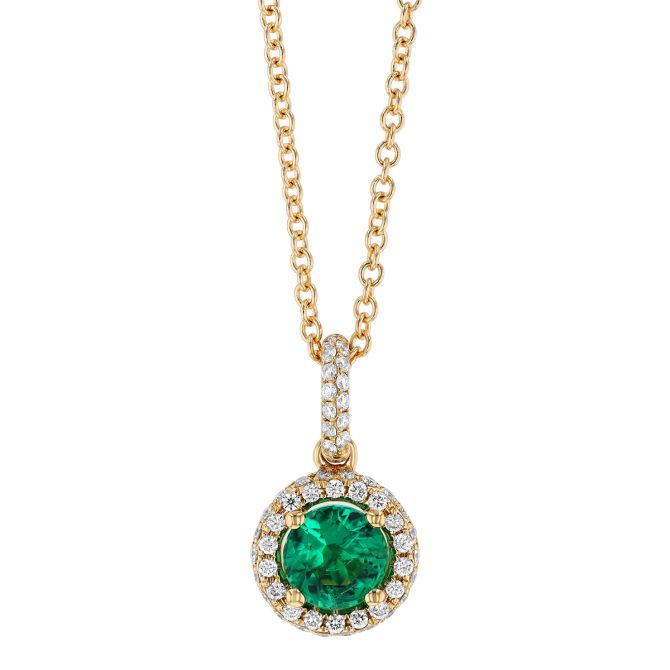Round Emerald & Diamond Halo Pendant in Yellow Gold, 18"